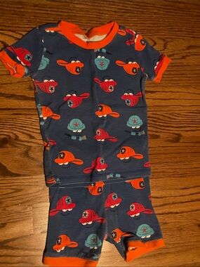 Petit Lem Navy Pajama Set with Orange Trim and Multi Hat Prints